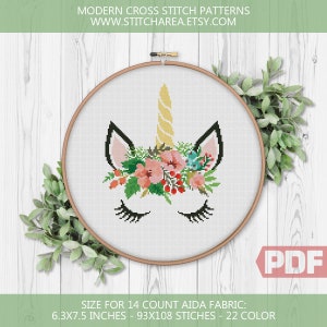 Unicorn Cross Stitch Pattern, Pink Flower Unicorn, Animal Floral Easy Counted xStitch, Modern Home Decor Cute Gift, PDF Instant Download