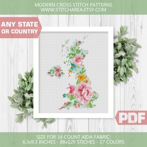 Grossbritannien Blumen Kreuzstich Muster, Grossbritannien Karte Blumen Sweet Home Cute Schild Moderne Zählvorlage xStitch PDF Digital Download