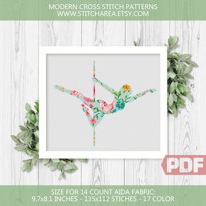 Schema punto croce floreale Pole Dance, silhouette di ragazza, regalo di decorazioni per la casa moderna, ricamo dolce cartello di benvenuto xStitch PDF Download istantaneo