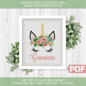 Unicorn Cross Stitch Pattern, Personalized Flower Unicorn, Floral Animal Silhouette Counted xStitch, Name Birth Gift Kids Decor, PDF Custom