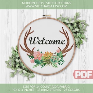 Sappige hoorns kruissteekpatroon, welkom, cactusbloem, bloemengewei xStitch, welkom modern decor, aangepaste pdf digitale download