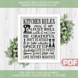 Kitchen Rules, Cross Stitch Pattern, Easy Cute Modern Welcome Decor, Kitchen Sign, Cross-stitch Gift Counted Chart PDF Digital Download