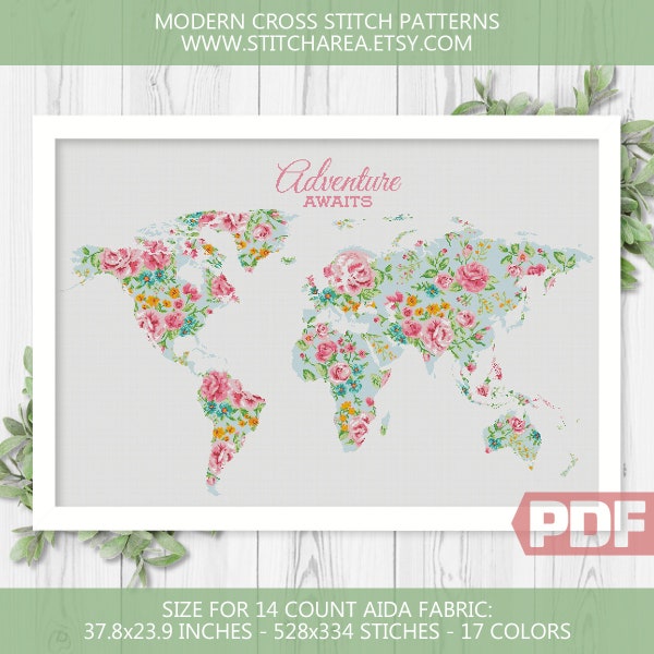 Motif de point de croix de carte du monde floral, aventure vous attend, beaucoup de fleurs terre Silhouette moderne signe de décor à la maison, xStitch PDF Téléchargement instantané