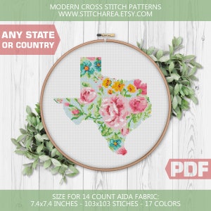 Kreuzstichmuster, Kreuzstichmuster, Landkarte Blumen, Landkarte, Blumen, Willkommen zu Hause, niedliches Schild, modernes individuelles personalisiertes Zählbild xStitch PDF Digital Download
