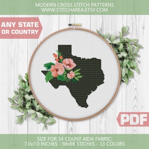Texas Blumen, Kreuzstichmuster, xStitch, jede Blumenkarte Willkommen zu Hause niedliches Schild Geschenk modern, Individuell personalisiert, PDF digitaler Download