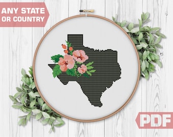 Texas Flowers, Cross Stitch Pattern, xStitch, Any Floral Map Welcome Home Cute Sign Gift Modern, Custom Personalized, PDF Digital Download