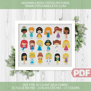 Patrón de punto de cruz de mini princesas, héroes personas de píxeles pequeños, gráfico xStitch de guardería de bordado moderno de habitación para adolescentes, descarga instantánea en PDF