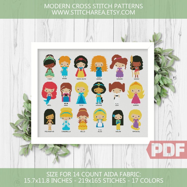 Mini Princesses Cross Stitch Pattern, Heroes Small Pixel People, Teen Room Modern Embroidery Nursery xStitch Chart, PDF Instant Download