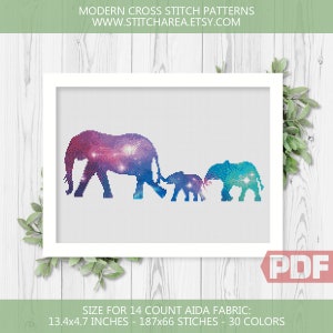 Galaxy olifanten kruissteekpatroon, olifant baby silhouet, borduurkunst, woondecoratie cadeau, xStitch, modern bord pdf direct downloaden