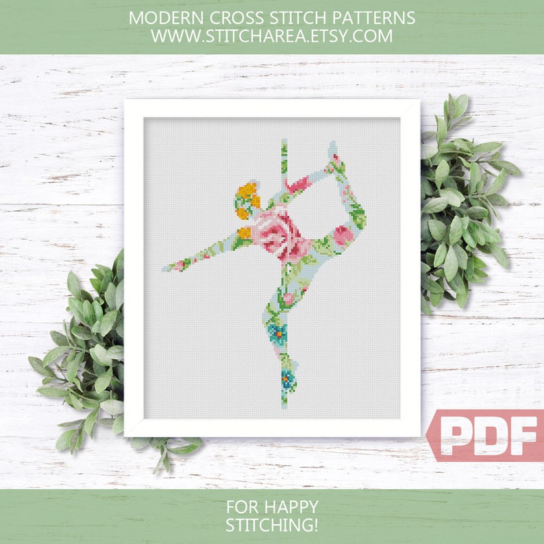 Puede incluir: Patr&oacute;n de punto de cruz de una bailarina floral en una pose en un poste. El patr&oacute;n est&aacute; en tonos de rosa, azul, verde y amarillo. El patr&oacute;n est&aacute; en un marco blanco con el texto "FOR HAPPY STITCHING!" debajo del marco. El texto "PDF" est&aacute; en un cuadro rojo en la esquina inferior derecha de la imagen.