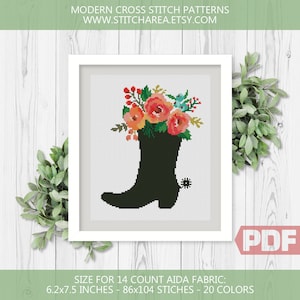 Botte de cow-boy, point de croix, motif floral western country, silhouette fleurs modernes, bienvenue, décoration d'intérieur, signe, facile xStitch, PDF, téléchargement immédiat