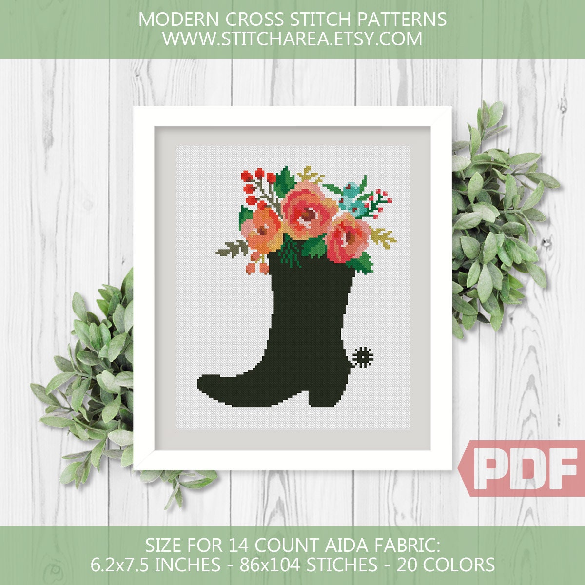 Cowboy Boot Cross Stitch Pattern Floral Western Country Etsy