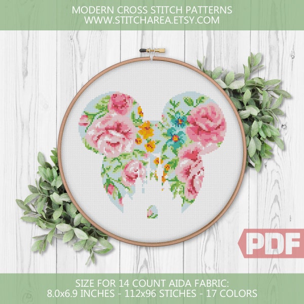 Floral Cross Stitch Pattern, Mouse Castle Silhouette, Embroidery Modern Home Decor Counted Embroidery Chart xStitch PDF Instant Download