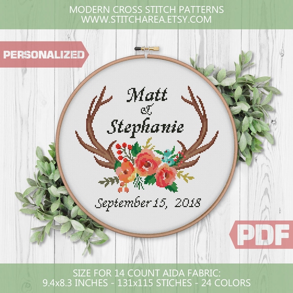 Flower Horns Cross Stitch Pattern, Personalized xStitch, Floral Antlers Wild Deer Animal Flowers Wedding Gift Modern, PDF Digital  Download