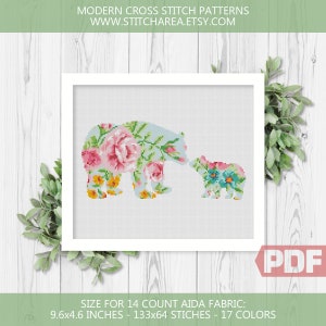 Bloemenberen Cross Stitch Patroon, Bear Baby Silhouet, Modern Home Decor Cadeau, Borduren, Sweet Welcome Sign xStitch PDF Instant Download