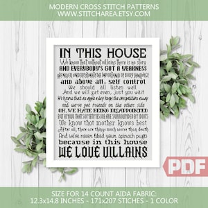 In This House We Love Villains Cross Stitch Pattern, Cartoon Quote, Family Rules Pretty Modern Embroidery xStitch PDF Instant Download