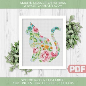 Bloemen kat, kruissteekpatroon, silhouet bloempot, dier modern huisdecor bord voor babykamer, xStitch pdf-bestand directe download