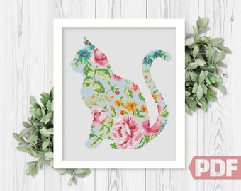 Patrón de punto de cruz de gato floral: silueta de gatito moderno (descarga instantánea en PDF)