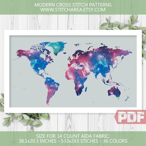 Galaxy World Map Cross Stitch Pattern, Map Silhouette Space Embroidery Art Home Decor Gift, Counted xStitch Modern Sign PDF Instant Download