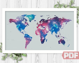 Galaxy World Map Cross Stitch Pattern, Map Silhouette Space Embroidery Art Home Decor Gift, Counted xStitch Modern Sign PDF Instant Download