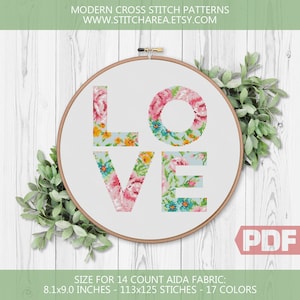 Floral Letters Love, Cross Stitch Pattern, Cute Wedding Modern Decor, Counted Chart