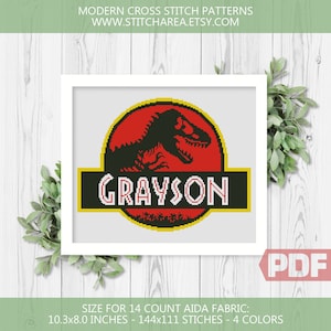 Kreuzstich Muster, Name Text, Dinosaurier Welt, Schrift T-Rex, personalisiertes Geschenk für Haus, Dekoration, Geschenk, PDF sofort digitaler Download