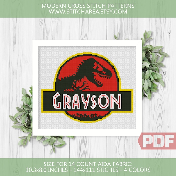 Cross Stitch Pattern, Custom Name Text, Dinosaur World, Font T-Rex Personalized Home Modern Decor Gift, PDF Instant Digital Download