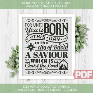 Patrón de punto de cruz cristiano, Lucas 2:11, Cristo el Señor Hogar Decoración moderna Signo Regalo lindo fácil, Gráfico contado xStitch PDF Descarga instantánea