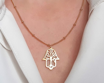 Hand of Fatima protection necklace, Hand of Fatima tree of life pendant