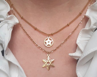 Snowflake and star necklace, Christmas gift, double row snowflake necklace