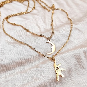 Moon and Sun necklace in gold steel, sun and moon double row necklace, cosmos pendant
