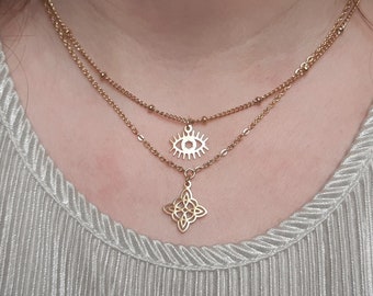 Collier superposé or  nœud celtique et œil protection | collier magique double chaîne noeud