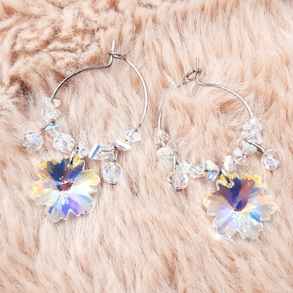 Snowflakes earrings, crystal snowflake hoop earrings, Christmas gift