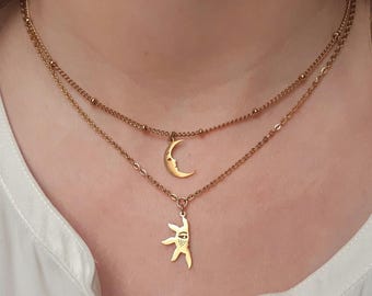 Moon and Sun double row necklace in gold-plated steel, sun and moon cosmos pendant, women's gift, Christmas
