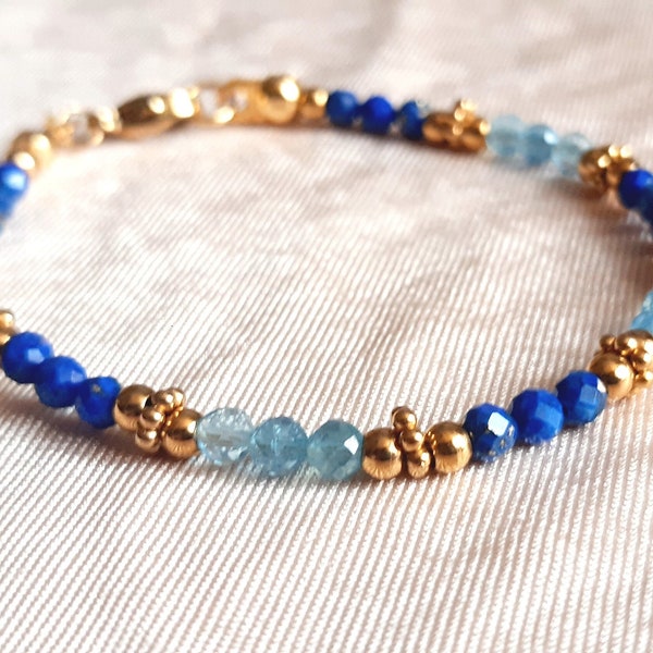 Bracelet lapis lazuli et aigue-marine, bracelet délicat pierre bleue cadeau Noël