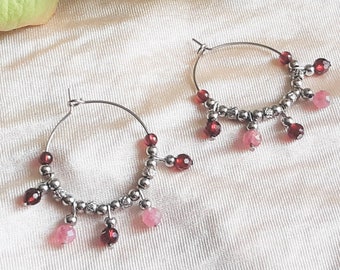 Garnet and pink tourmaline earrings, stone steel hoops