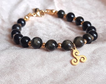 Triskelion and golden obsidian protective bracelet, esoteric wicca witch triskele bracelet