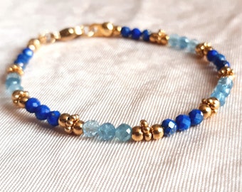 Lapis lazuli and aquamarine bracelet, delicate blue stone bracelet Christmas gift