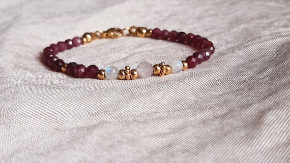 Bracelet tourmaline rose rubellite, kunzite et pierre de lune, cadeau Noël