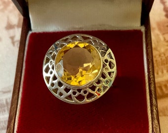 Natural Huge CITRINE CARVED STERLING Ring - Original Vintage France Design - Genuine  Stone - Sterling Silver - from France - Size 8 1/4