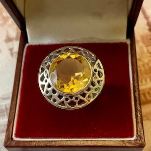 GENUINE CITRINE CARVED Sterling Ring - Original Vintage France Design - Sterling Silver - Vintage Ring from France