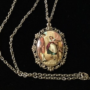 Antik Painting PORCELAIN CARVED SILVER Plated Pendant & Chain - Bilston England Authentic Porcelain Jewelry - Vintage Necklace