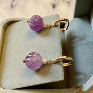Vintage GENUINE AMETHYST PEARL Gold Plated Earrings - Art Deco Design Jewelry - Natural Stones - Gold Plated - Vintage from France