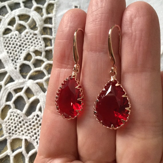 RED Ruby CRYSTAL Gold Plated Carved Design Earrin… - image 7