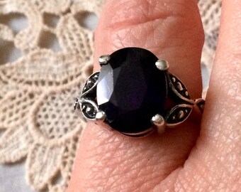 Vintage GENUINE Great SAPPHIRE STERLING Ring - Splendid Vintage Art Deco Carved Design - Sterling Silver 925 - Vintage Ring from France