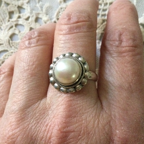 Excepcional enorme anillo PEARL STERLING -Vintage Creator France Design Jewelry - Perla natural - Plata de ley - Vintage de Francia