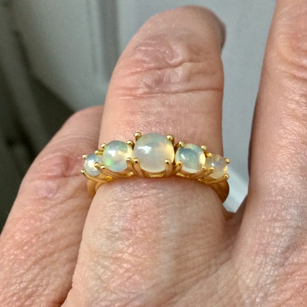 5 Stones  OPALS GOLD STERLING Vintage Ring -  Luxury Vintage Design- Genuine Stones - Gold 14K/Sterling Silver - Jewel from France- Us 7 1/4