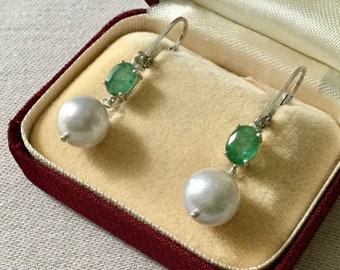 Natural EMERALD +2Carats Sterling PEARL Earrings - Original & Luxe Jewelry - Sterling Silver - Genuine Stones - Vintage Earrings from France