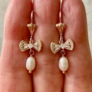 Genuine Rose PEARL Gold Plated Vintage Earrings -Luxury Design Jewelry -Genuine Pearl - Fleur de Lis Hook- Earrings from France
