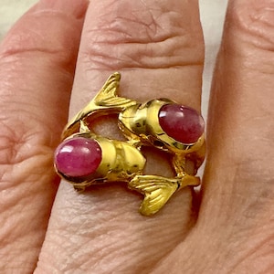 Fish RUBY STAR  Gold/STERLING Ring - Luxury Design - Natural Stones -  Gold/Sterling Silver - from France